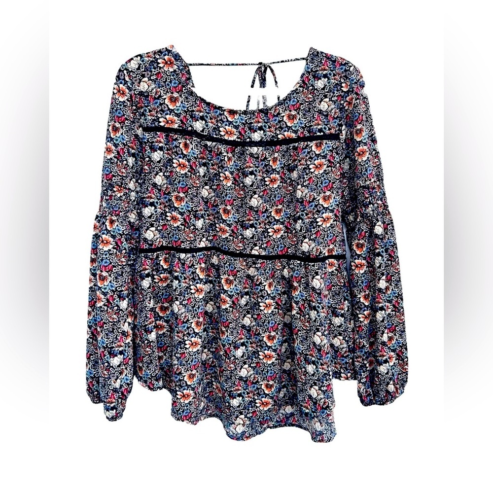 Knox Rose peasant top sz S floral multi print long sleeve boho hippie tasseled